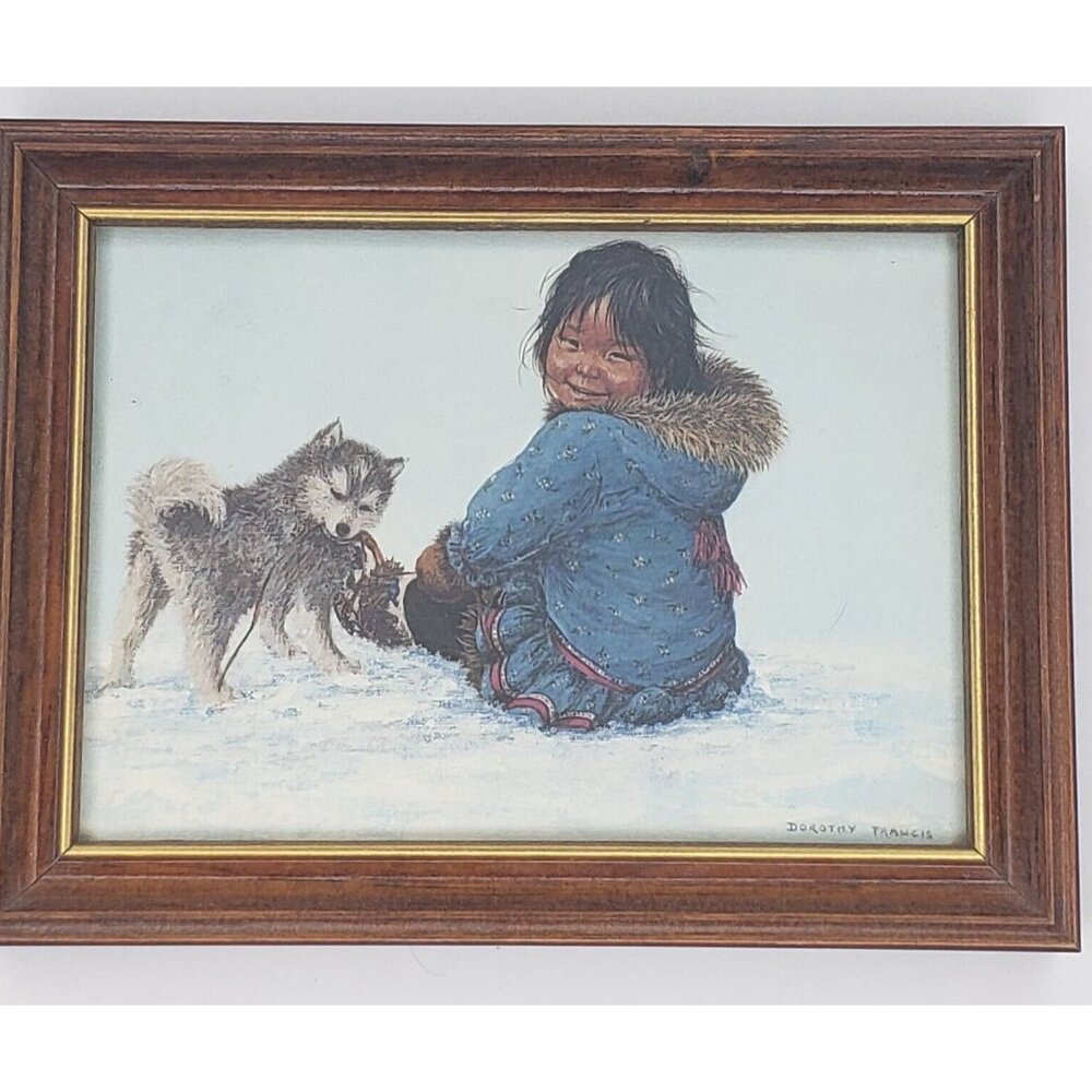 Dorothy Francis Little Puglik's Playmat Inuit 5 x 7 inch Print in Wood Frame